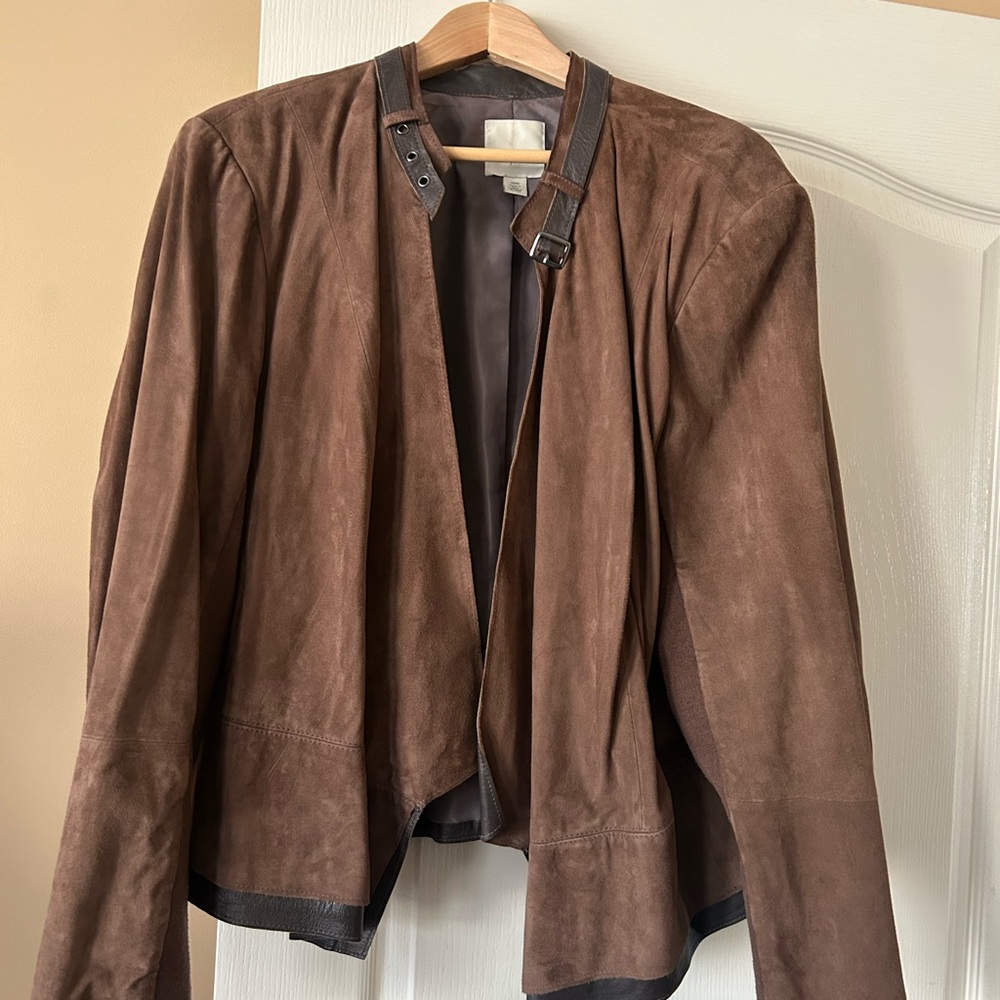 Sejour Brown Suede Open-Front Leather Jacket with Buckle Collar